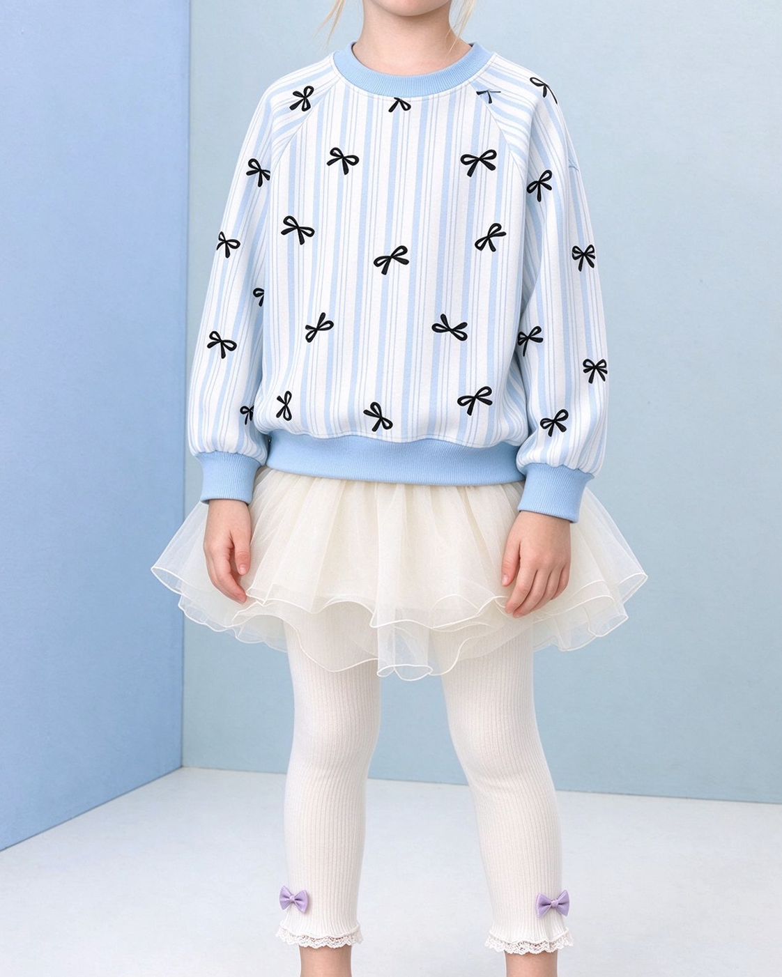 Girls Blue Striped Sweatshirt Black Bow Print Sweatshirt – Bramblejoy