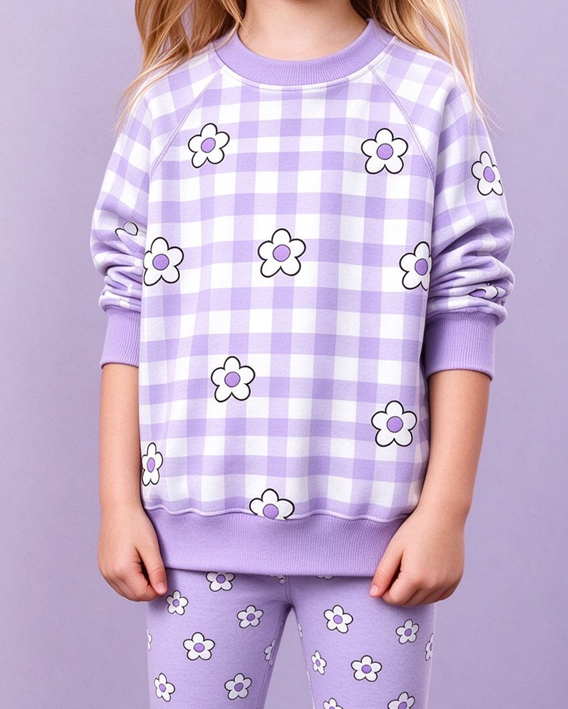 Girls Purple Gingham Daisy Print Long Sleeve Sweatshirt – Bramblejoy