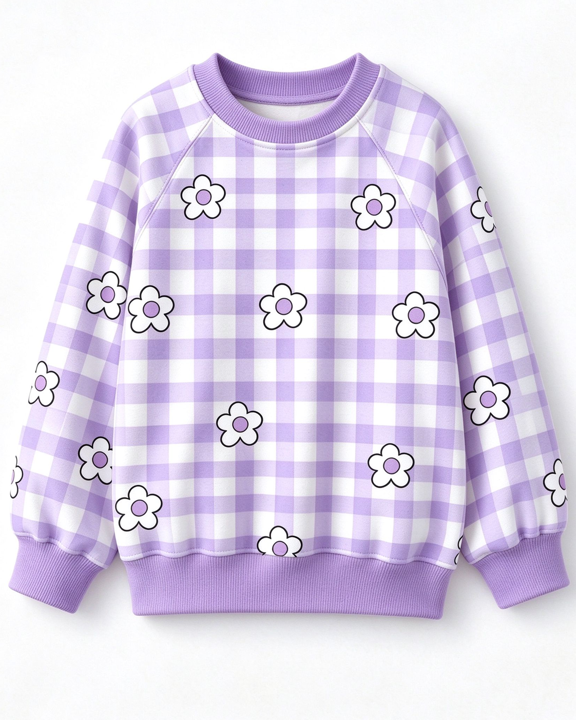 Girls Purple Gingham Daisy Print Long Sleeve Sweatshirt – Bramblejoy